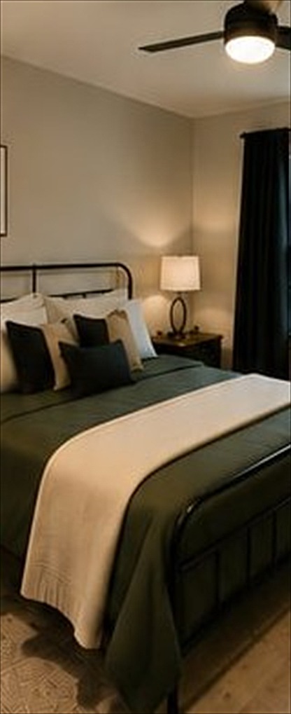 Bedroom with layered bedding and soft lamp light